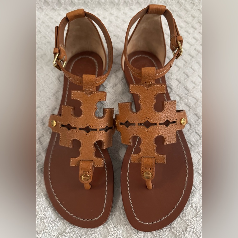 Tory Burch Phoebe Flat Thong Tumbled Leather Sandal Royal Tan Brown Size 6 30437 - Picture 12 of 16